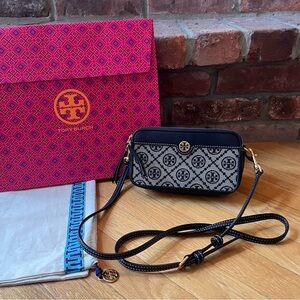**SOLD** Tory Burch Navy T Monogram Jacquard Double-Zip Mini Bag
